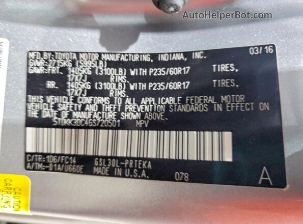 5TDKK3DC4GS720501 2016 TOYOTA SIENNA Gray Vista de la etiqueta del VIN