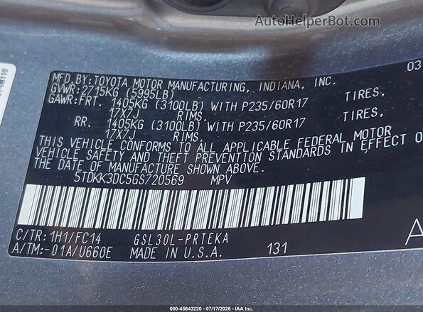 5TDKK3DC5GS720569 2016 TOYOTA SIENNA Gray Widok komory silnika