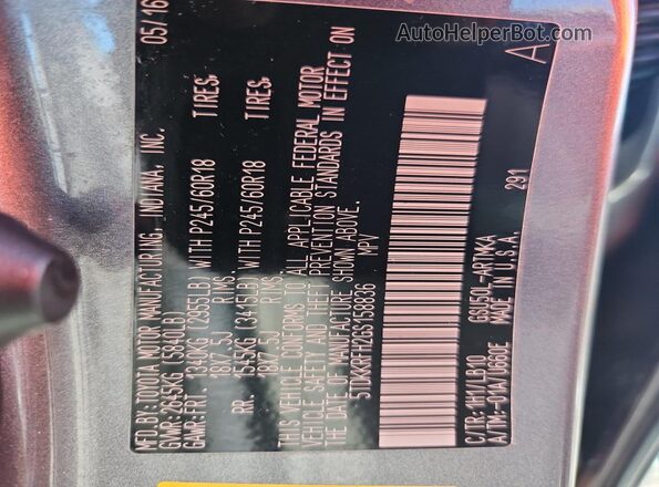 5TDKKRFH2GS158836 2016 TOYOTA HIGHLANDER Gray VIN sticker view
