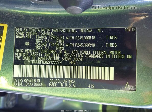 5TDKKRFH3GS122279 2016 TOYOTA HIGHLANDER Gray Շարժիչի բաժամունքի տեսք