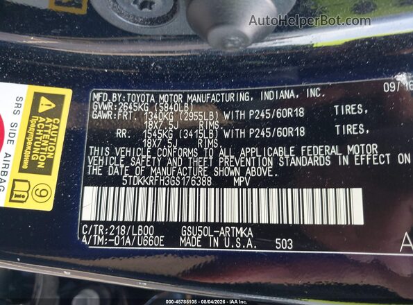 5TDKKRFH3GS176388 2016 TOYOTA HIGHLANDER Black Engine compartment view