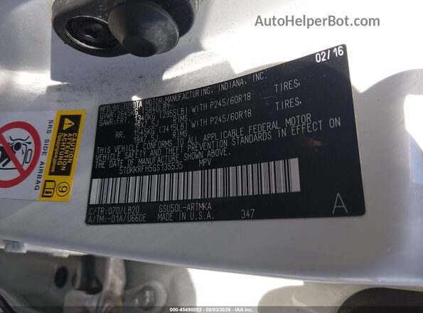 5TDKKRFH5GS135535 2016 TOYOTA HIGHLANDER White Engine compartment view