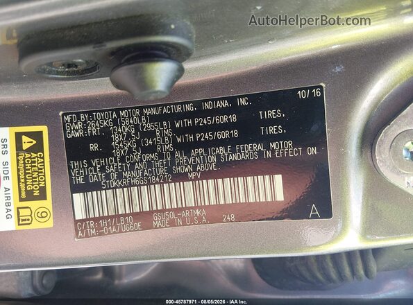 5TDKKRFH6GS184212 2016 TOYOTA HIGHLANDER Gray Շարժիչի բաժամունքի տեսք