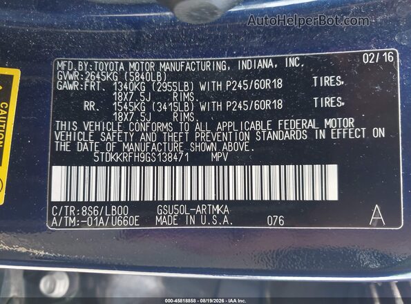 5TDKKRFH9GS138471 2016 TOYOTA HIGHLANDER Blue Вид підкапотного простору