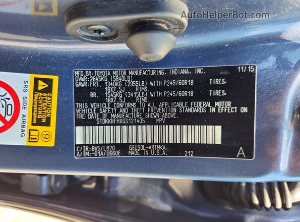 5TDKKRFHXGS121405 2016 TOYOTA HIGHLANDER Blue Вид наклейки з VIN-кодом