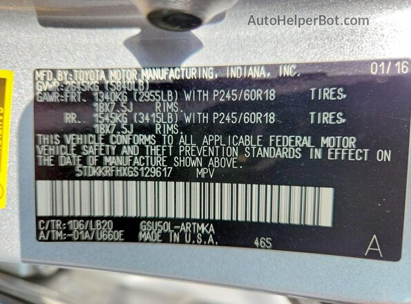 5TDKKRFHXGS129617 2016 TOYOTA HIGHLANDER Silver Вид наклейки з VIN-кодом