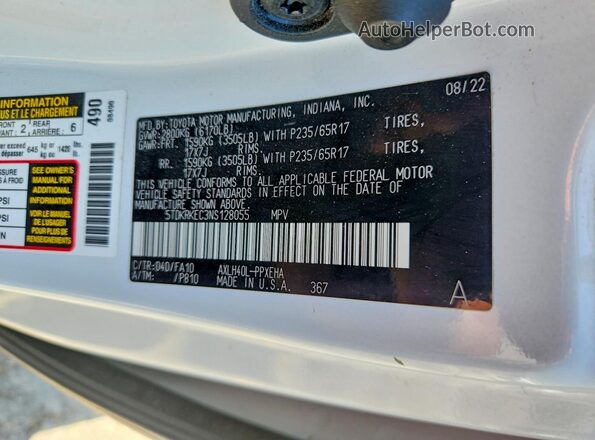 5TDKRKEC3NS128055 2022 TOYOTA SIENNA White VIN sticker view