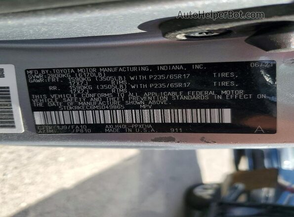 5TDKRKEC6MS049865 2021 TOYOTA SIENNA Gray VIN կոդի պիտակի տեսք