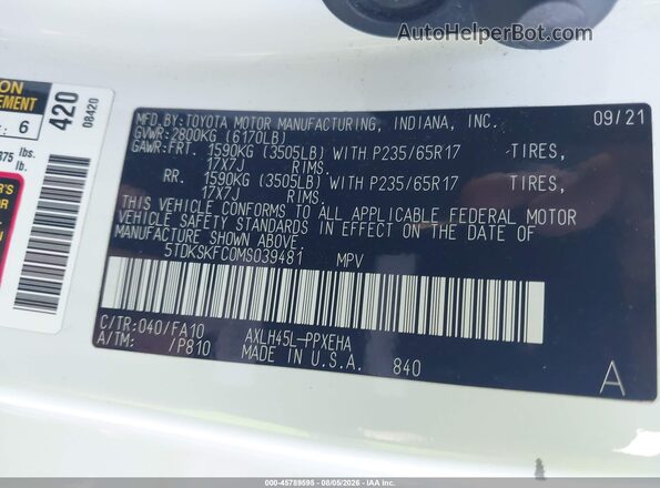 5TDKSKFC0MS039481 2021 TOYOTA SIENNA Белый Вид подкапотного пространства