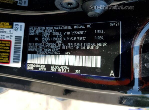 5TDKSKFC2MS039174 2021 TOYOTA SIENNA Черный Панорамный вид салона 360°