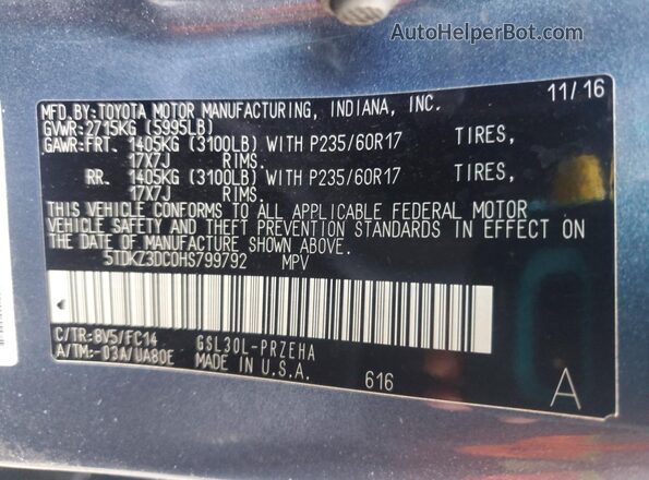 5TDKZ3DC0HS799792 2017 TOYOTA SIENNA Blue VIN կոդի պիտակի տեսք