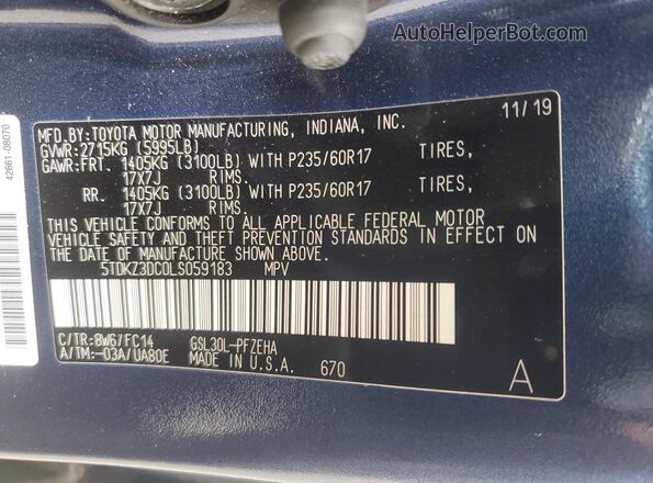 5TDKZ3DC0LS059183 2020 TOYOTA SIENNA Blue Вид наклейки з VIN-кодом