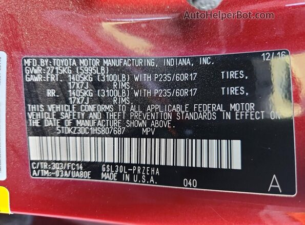5TDKZ3DC1HS807687 2017 TOYOTA SIENNA Burgundy VIN sticker view