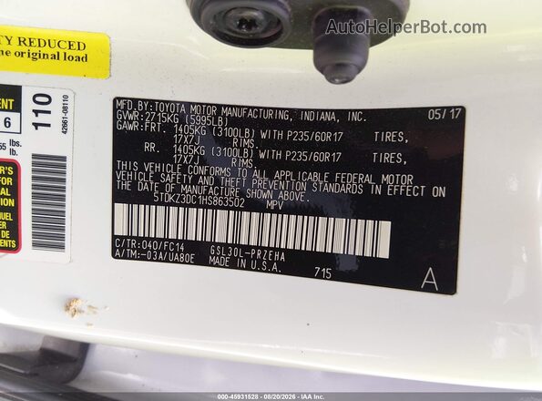 5TDKZ3DC1HS863502 2017 TOYOTA SIENNA White Engine compartment view