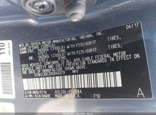 5TDKZ3DC2HS849379 2017 TOYOTA SIENNA Gray Вид підкапотного простору