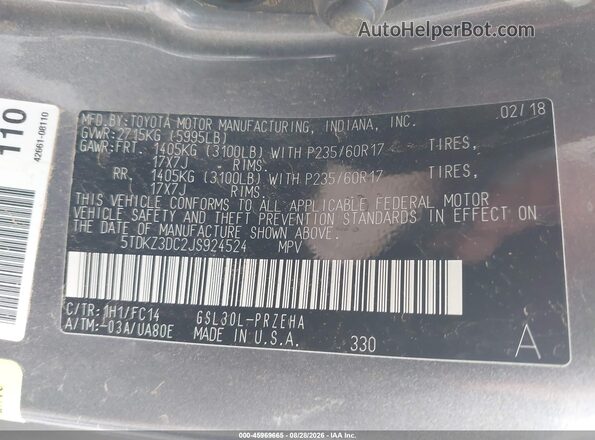 5TDKZ3DC2JS924524 2018 TOYOTA SIENNA Gray ძრავის განყოფილების ხედი