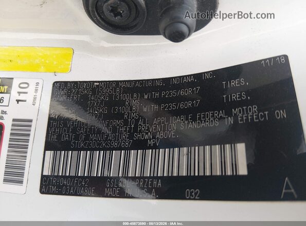 5TDKZ3DC2KS987687 2019 TOYOTA SIENNA White Вид підкапотного простору