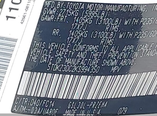 5TDKZ3DC2KS994350 2019 TOYOTA SIENNA Белый Вид подкапотного пространства