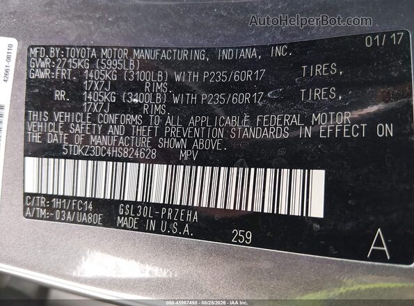 5TDKZ3DC4HS824628 2017 TOYOTA SIENNA Gray Widok komory silnika