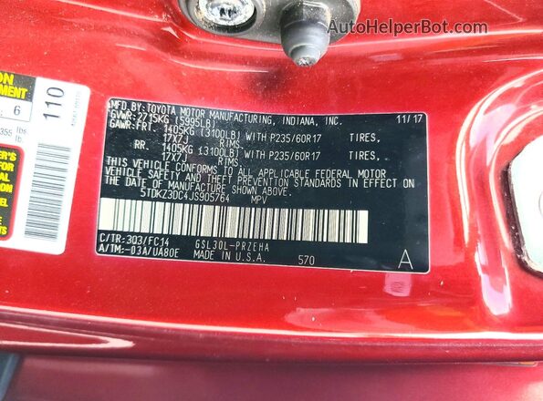 5TDKZ3DC4JS905764 2018 TOYOTA SIENNA Maroon VIN sticker view