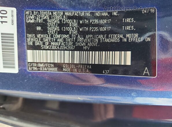 5TDKZ3DC4JS942667 2018 TOYOTA SIENNA Blue Vista de la etiqueta del VIN