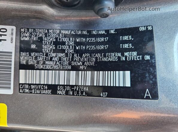 5TDKZ3DC7HS781998 2017 TOYOTA SIENNA Gray VIN sticker view