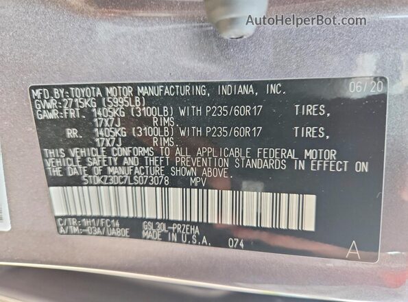 5TDKZ3DC7LS073078 2020 TOYOTA SIENNA Серый Вид наклейки с VIN-кодом