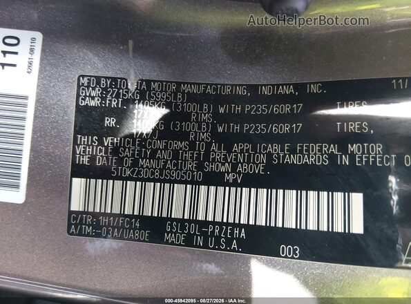 5TDKZ3DC8JS905010 2018 TOYOTA SIENNA Gray Widok komory silnika
