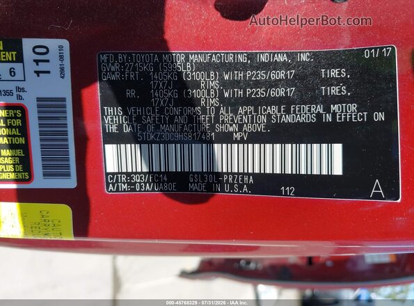 5TDKZ3DC9HS817481 2017 TOYOTA SIENNA Burgundy Vista del compartimento del motor