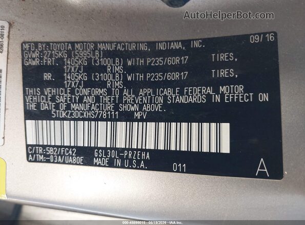 5TDKZ3DCXHS778111 2017 TOYOTA SIENNA Champagne Вид подкапотного пространства