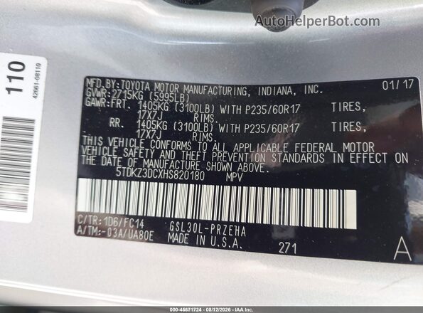 5TDKZ3DCXHS820180 2017 TOYOTA SIENNA Silver Вид підкапотного простору