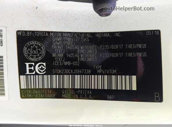 5TDKZ3DCXJS947338 2018 TOYOTA SIENNA White Vista del compartimento del motor