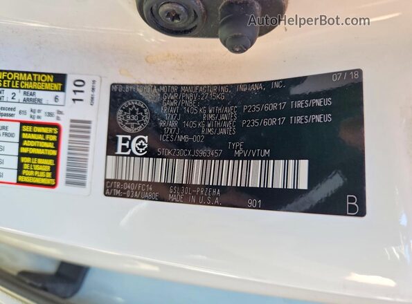 5TDKZ3DCXJS963457 2018 TOYOTA SIENNA Белый Вид наклейки с VIN-кодом