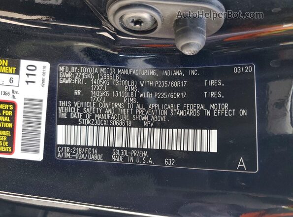 5TDKZ3DCXLS068618 2020 TOYOTA SIENNA Black Widok wnętrza 360 stopni