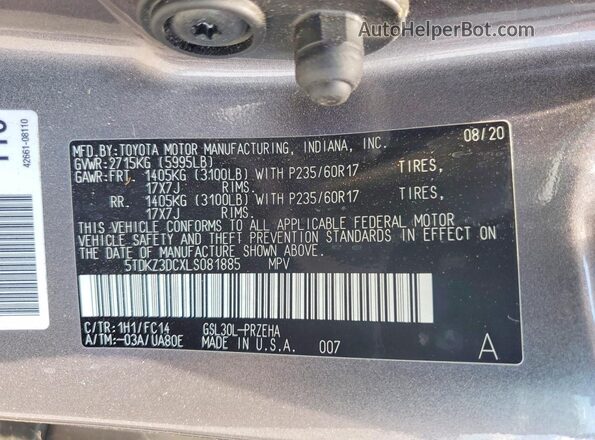 5TDKZ3DCXLS081885 2020 TOYOTA SIENNA Gray VIN կոդի պիտակի տեսք
