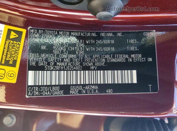 5TDKZRFH1JS254802 2018 TOYOTA HIGHLANDER Burgundy ძრავის განყოფილების ხედი