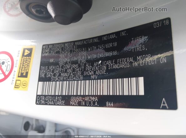 5TDKZRFH1JS540536 2018 TOYOTA HIGHLANDER White Widok komory silnika