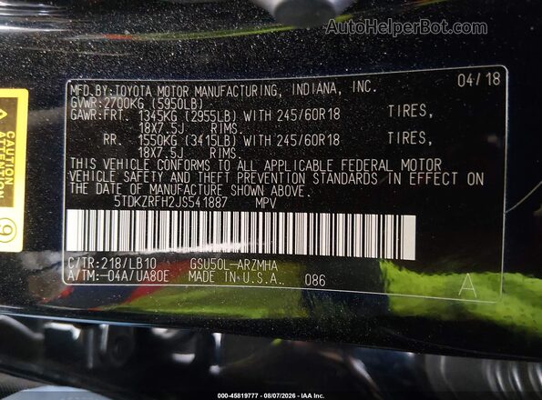 5TDKZRFH2JS541887 2018 TOYOTA HIGHLANDER Black Вид підкапотного простору