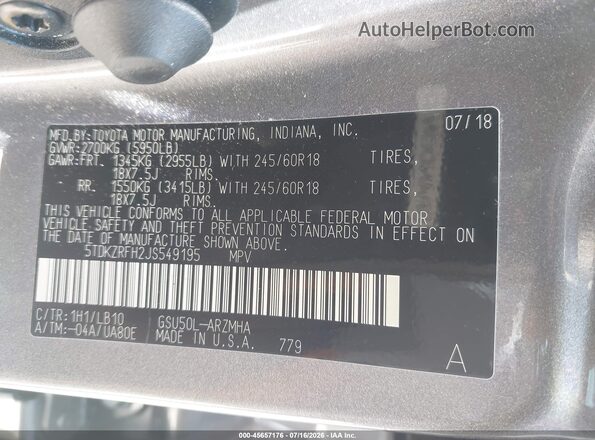 5TDKZRFH2JS549195 2018 TOYOTA HIGHLANDER Gray ძრავის განყოფილების ხედი