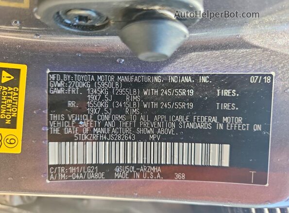 5TDKZRFH4JS282643 2018 TOYOTA HIGHLANDER Gray Սալոնի 360 աստիճան տեսք