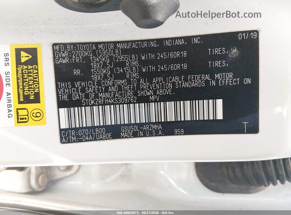 5TDKZRFH4KS309762 2019 TOYOTA HIGHLANDER White Engine compartment view