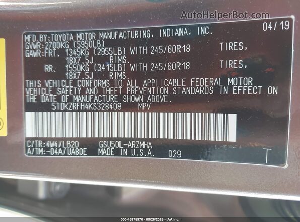 5TDKZRFH4KS328408 2019 TOYOTA HIGHLANDER Beige Вид підкапотного простору