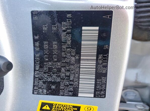 5TDKZRFH4KS566792 2019 TOYOTA HIGHLANDER Серебряный Вид наклейки с VIN-кодом