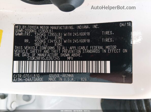 5TDKZRFH5JS267245 2018 TOYOTA HIGHLANDER White Engine compartment view
