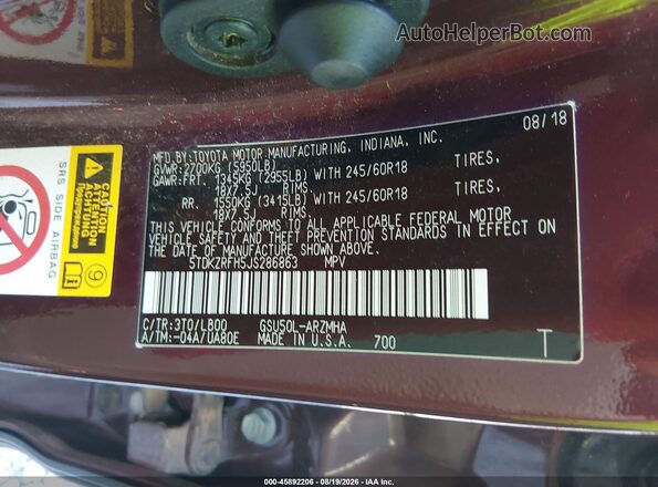 5TDKZRFH5JS286863 2018 TOYOTA HIGHLANDER Темно-бордовый Вид подкапотного пространства