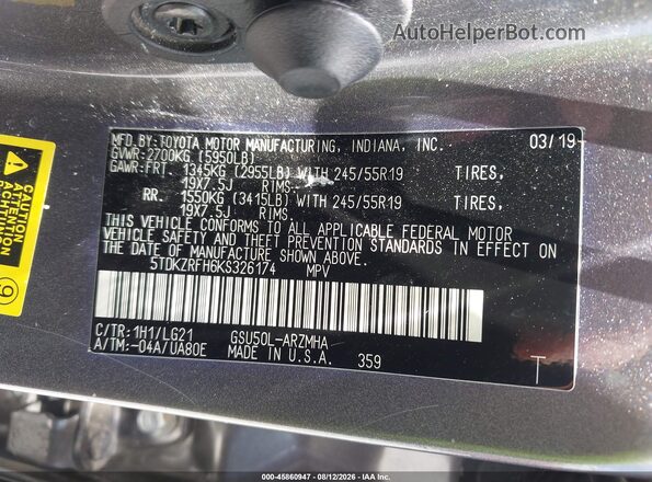 5TDKZRFH6KS326174 2019 TOYOTA HIGHLANDER Серый Вид подкапотного пространства