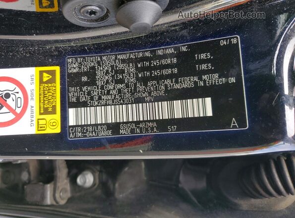 5TDKZRFH8JS543031 2018 TOYOTA HIGHLANDER Black Вид наклейки з VIN-кодом