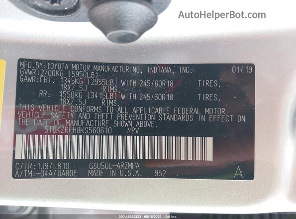 5TDKZRFH8KS560610 2019 TOYOTA HIGHLANDER Silver ძრავის განყოფილების ხედი