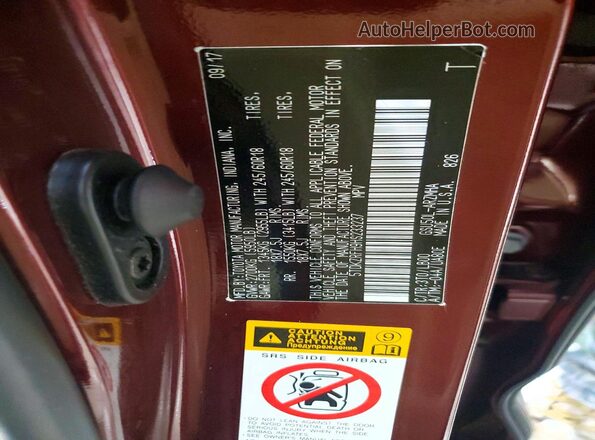 5TDKZRFH9HS233237 2017 TOYOTA HIGHLANDER Burgundy VIN კოდის სტიკერის ხედი