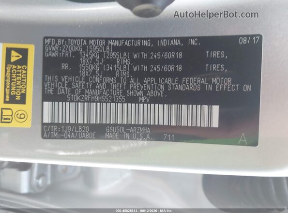 5TDKZRFH9HS521355 2017 TOYOTA HIGHLANDER Silver Вид підкапотного простору